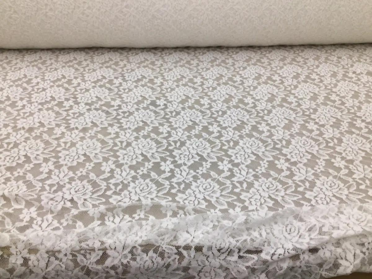 Embroidered Stretch Lace Apparel Fabric Sheer Floral Powder White GG511
