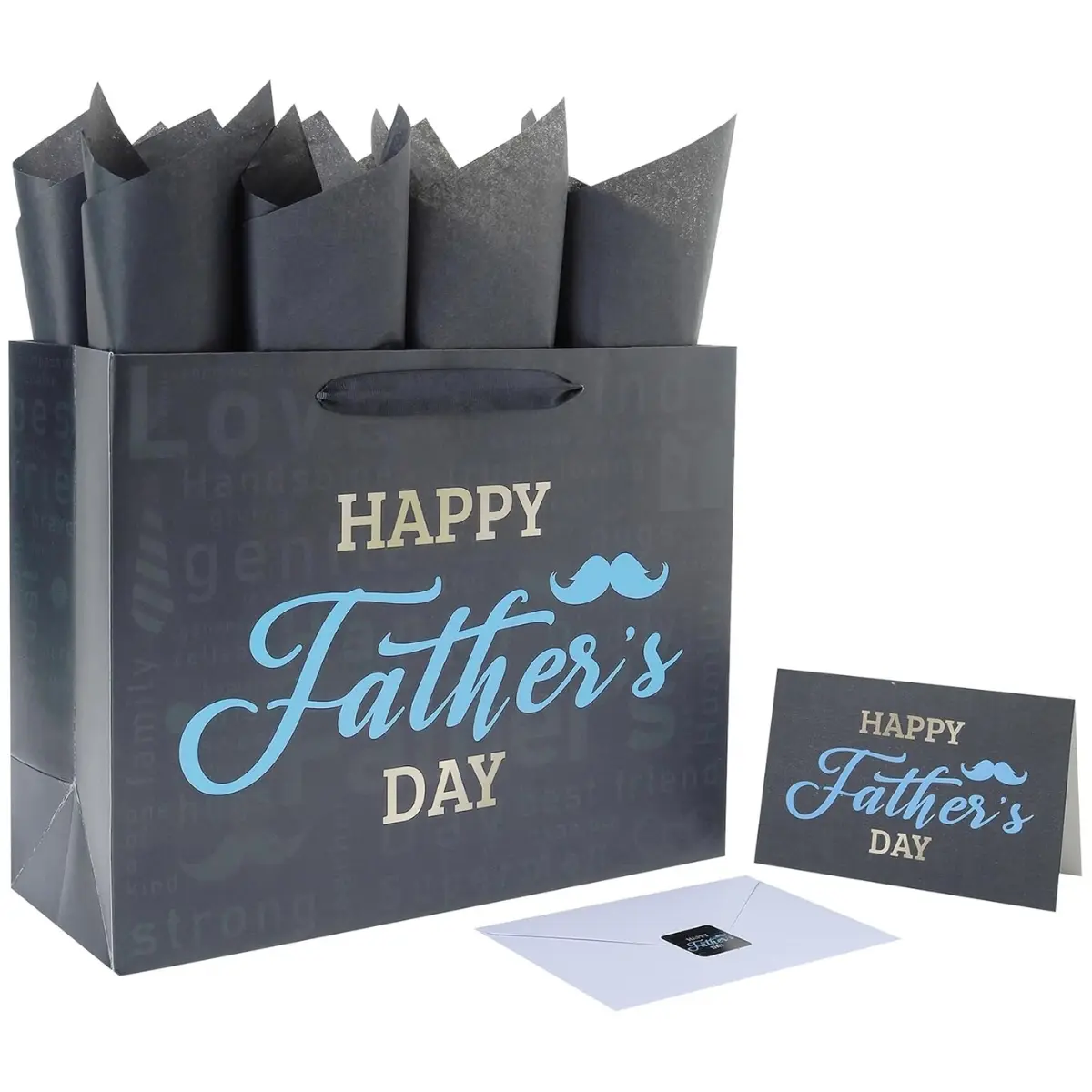 Large Father's Day Party Gift Bag Set with Handles, Greeting Card, Black Tissue Papers and Stickers for Men for Best Dad Ever, Dad Day, Father's Day Design, 1 Pcs