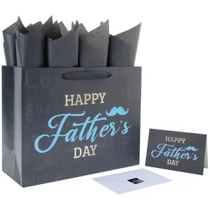 Large Father's Day Party Gift Bag Set with Handles, Greeting Card, Black Tissue Papers and Stickers for Men for Best Dad Ever, Dad Day, Father's Day Design, 1 Pcs