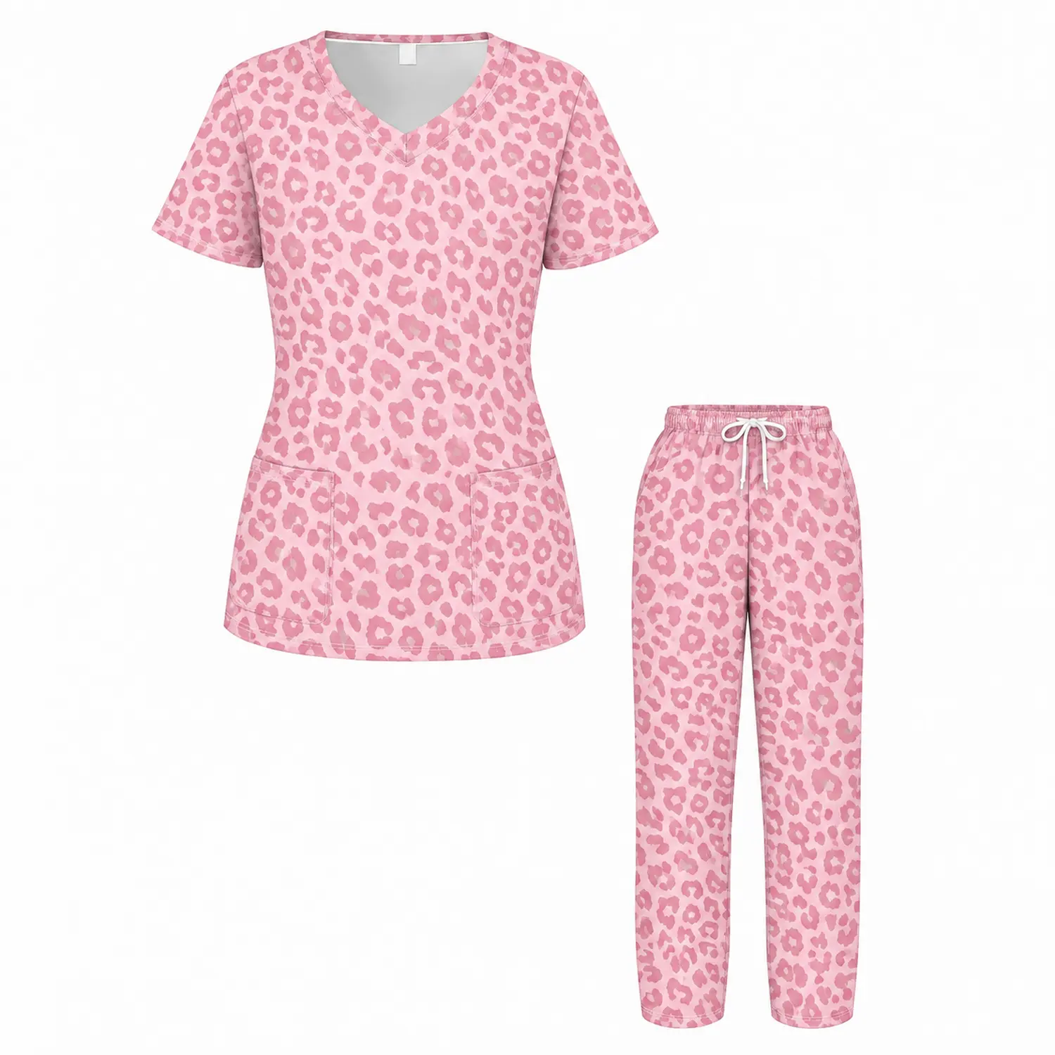 Women's Two-Piece Scrub Set, V-Neck Short Sleeve Medical Uniform, Soft Pink Leopard Print Nursing Scrubs for Women