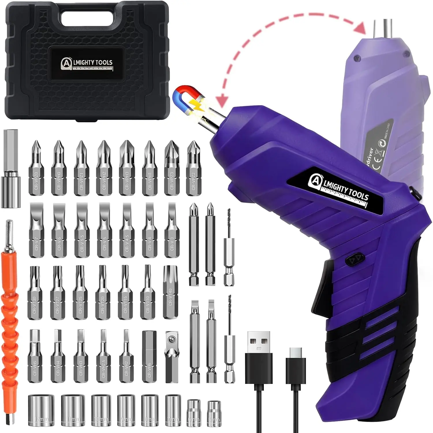 【SummerVibes】47-Pack Torque Adjustable Electric Screwdriver, Cordless Power Screwdriver Set, USB Rechargeable Multifunctional 3.6v Power Tools Set Household Maintenance Repair  Lithium Battery Mini Household Electric Drill Cordless Screwdriver
