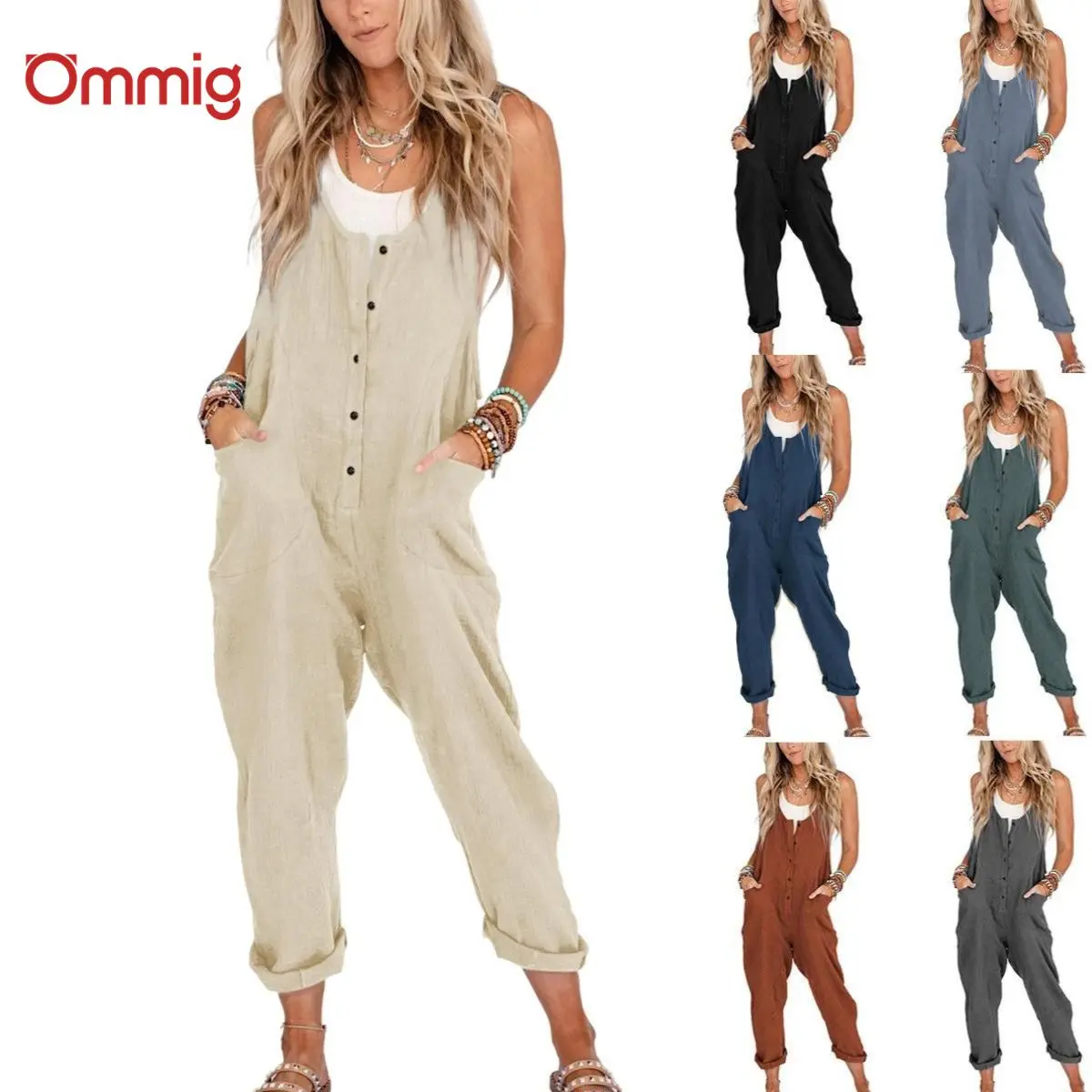 Ommig Women's Sleeveless Linen Cotton Bohemian Overalls - Jumpsuits for Women, Basics, V-Neck, Button, Cute, Relaxed Fit, Soft, Breathable, Casual, Adjustable Straps, Pockets, Spring-Summer Wear