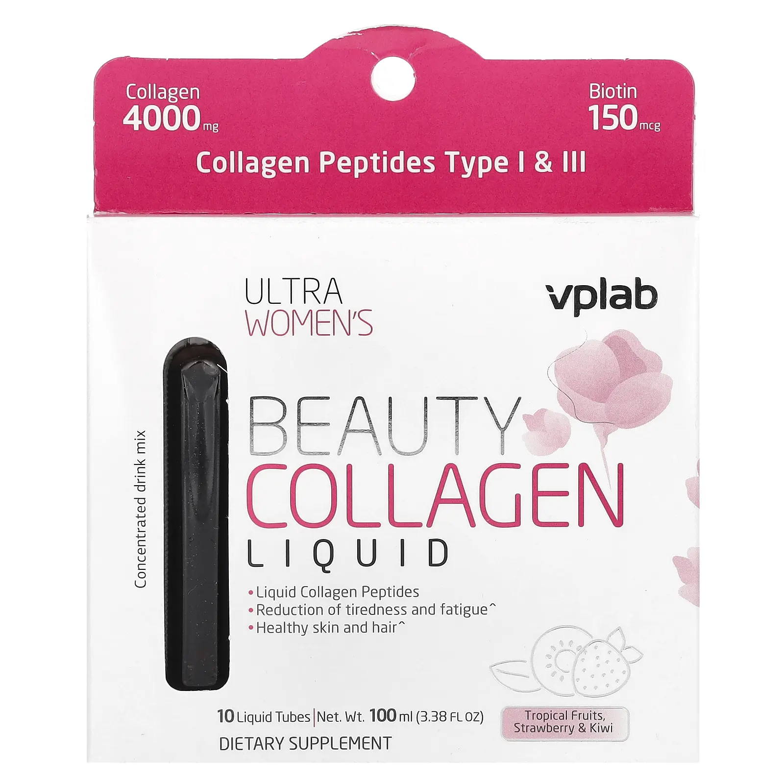 VPLab Ultra Women's Beauty Collagen Liquid, Tropical Fruits, Strawberry & Kiwi, 10 Liquid Tubes, 3.38 fl oz (100 ml)