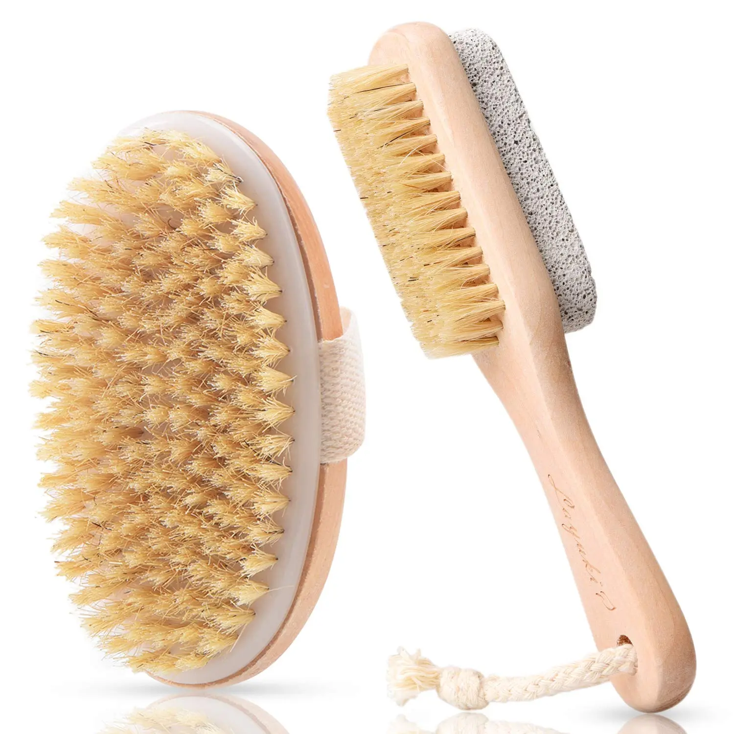 Body Brush for Dry or Wet Brushing and 2-Sided Foot File Scrubber Set, Exfoliating Skin, Cellulite Treatment, Foot File Scrubber with Pumice Stone, Shower, Strap Oval Wooden, Bristle, Bath Personal, Accessories