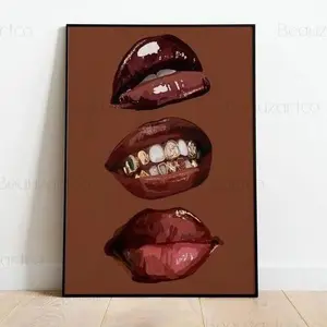 Women with Glossy Lips and Grillz Poster, Lipstick Wall Art, Gold Teeth Art, Black Art Poster, Black Art Room Decor
