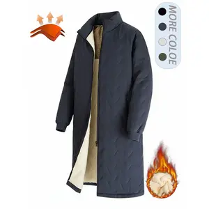 Men’s long quilted parka coat jackets, thick fleece lining, windproof stand collar, warm zippered pockets, multiple colors available