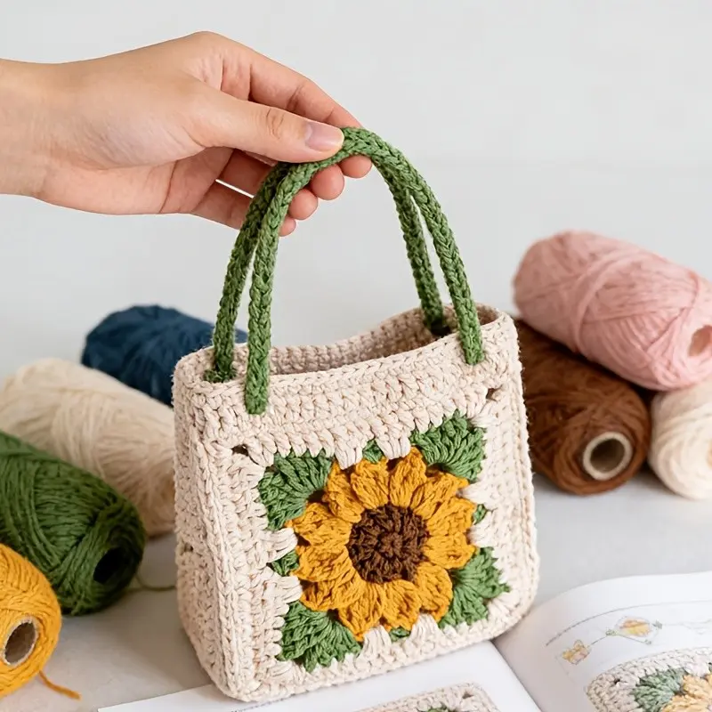 Sunflower Flower Women's Handbag Craft Kit, Complete Crochet Set with Hooks, Buttons, Yarn, Tutorial, Perfect Crochet Gifts for Mother's Day, Easter, Birthday