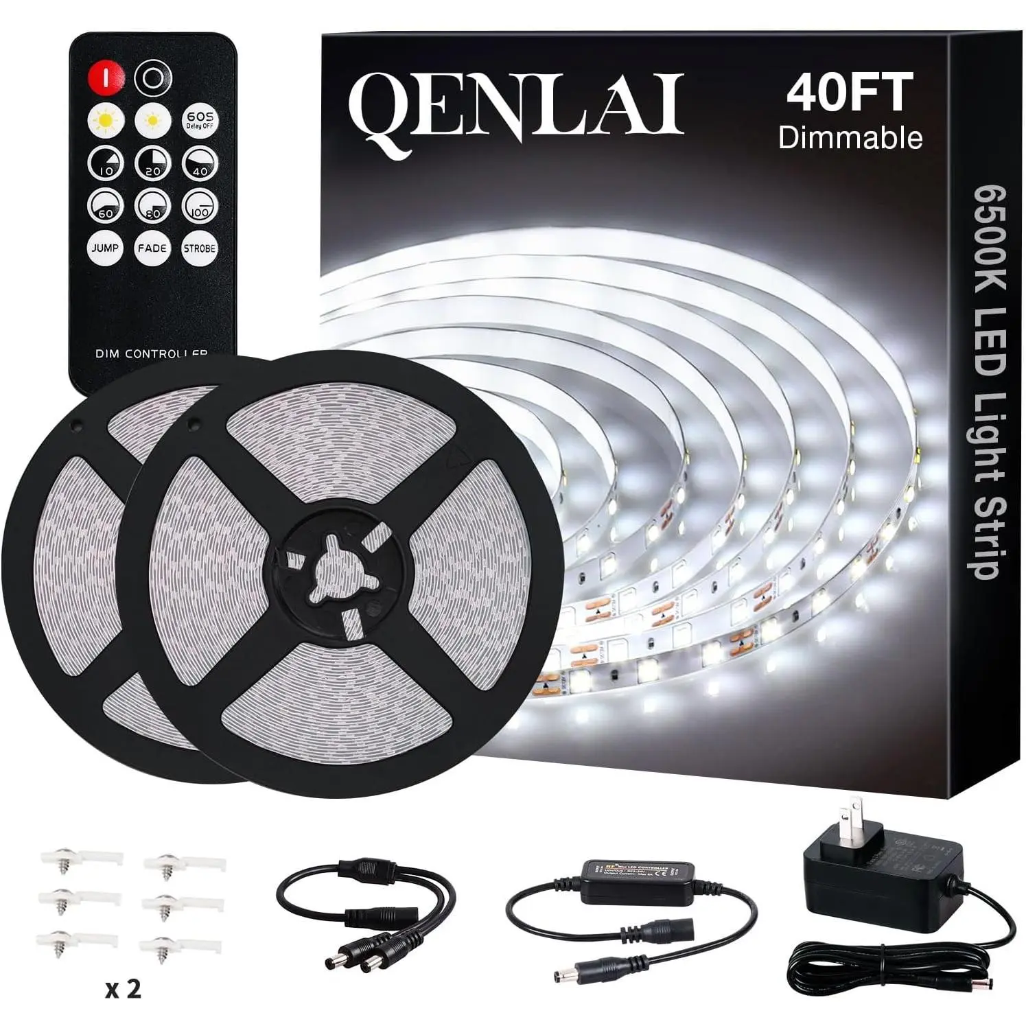 40ft White LED Strip Lights, Upgraded 6500K Dimmable Tape Lights with Remote and Plug, 12V 720 LEDs Flexible Cuttable Led Light Strips for Bedroom Ceiling Kitchen Under Cabinet(2pcs of 20ft) Led Backlit Super Bright Leds