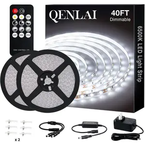 40ft White LED Strip Lights, Upgraded 6500K Dimmable Tape Lights with Remote and Plug, 12V 720 LEDs Flexible Cuttable Led Light Strips for Bedroom Ceiling Kitchen Under Cabinet(2pcs of 20ft)