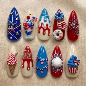 4th of July Press on Nails | Patriotic Summer False Nails | 3D Ice Cream Donut Red White Blue Nails