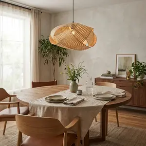 20" Upton Bohemian Handwoven Bamboo Island Pendant Light, Natural Woven Bamboo Home Decor Hanging Lamp