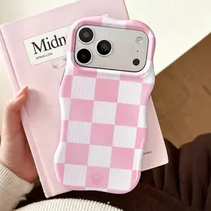Pink White Checkered Print Phone Case ,Cute Wavy Curved Edge Glossy Protective Shockproof Rugged Cover, Dual Layer Soft TPU Bumper Hard Shell Design for iPhone 11 12 13 14 15 16 17 Pro Max Air, Aesthetic Pastel Plaid