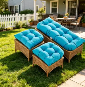 3 Piece All-Weather Tufted Wicker Chair Cushion Set for Indoor and Outdoor Use, Includes 1 Loveseat Cushion and 2 U-Shaped Waterproof Cushions, Suitable for Patio Furniture, Wicker Loveseats and Benches – Aqua Blue