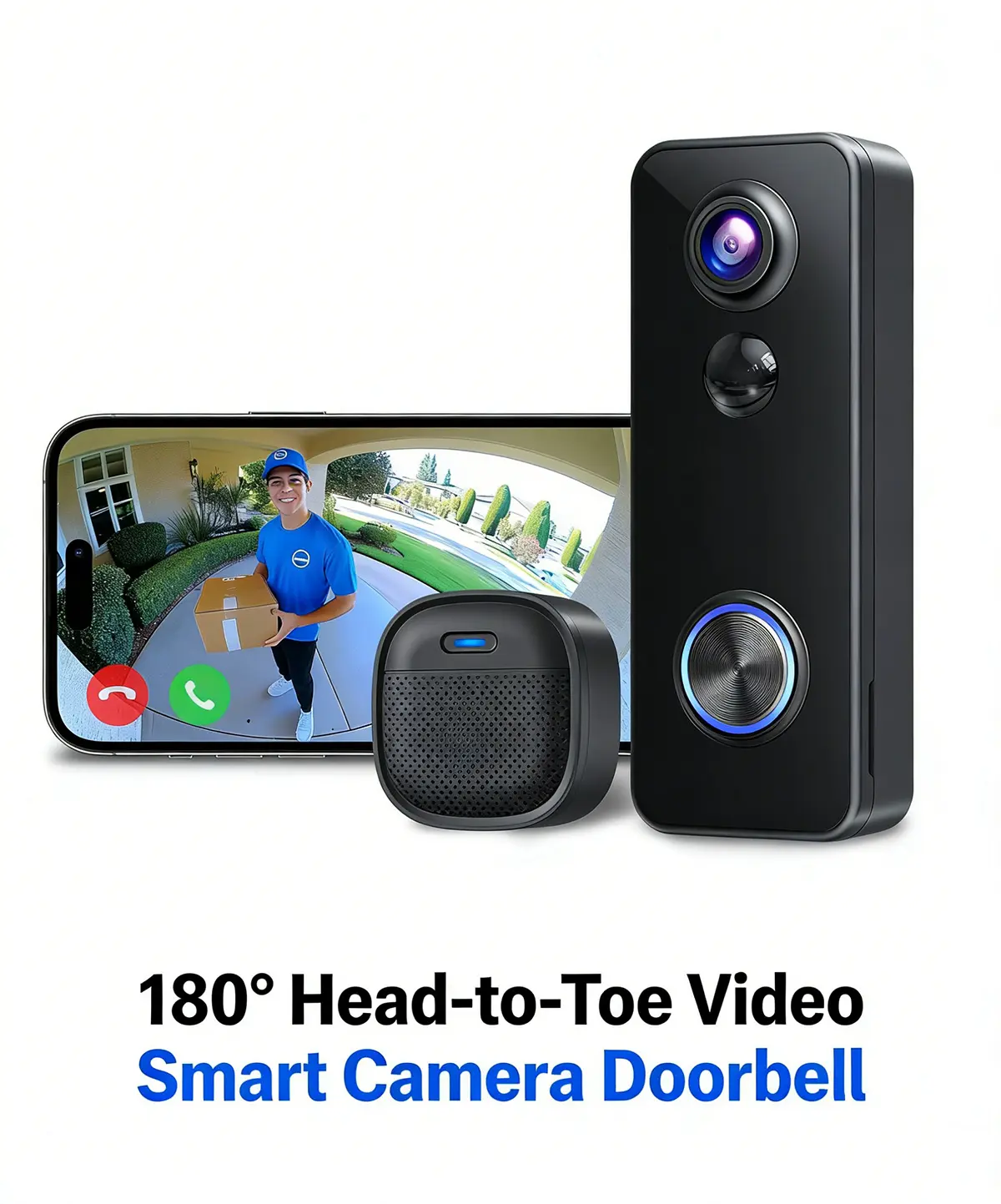 XTU Battery Doorbell, 180° Head-to-Toe Video, Live View with Two-Way Talk, No Monthly Fee, 2.4G Wi-Fi with Chime, Local/Cloud Storage, Human Detection, Compatible with Alexa & Google Home