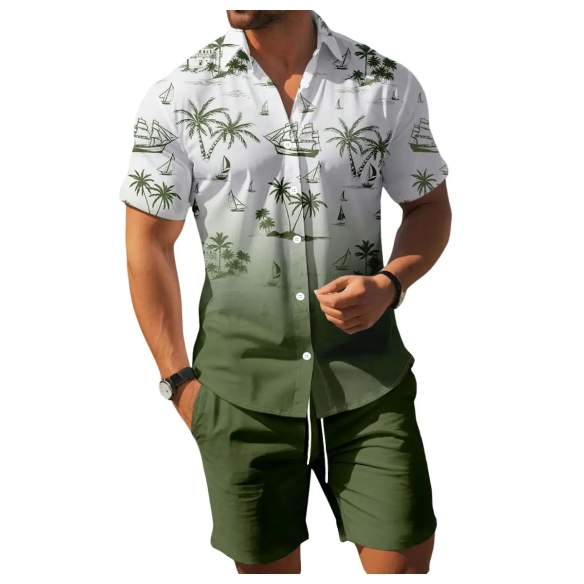Men's 2-Piece Tropical Island Menswear Set, Ombre Palm Tree & Sailboat Print Short-Sleeve Button-Down Shirt with Matching Drawstring Shorts, Lightweight Breathable Quick-Dry Stretch Beach Clothes for Summer Vacation, Resort, Shortsleeve, Vintage, Classic