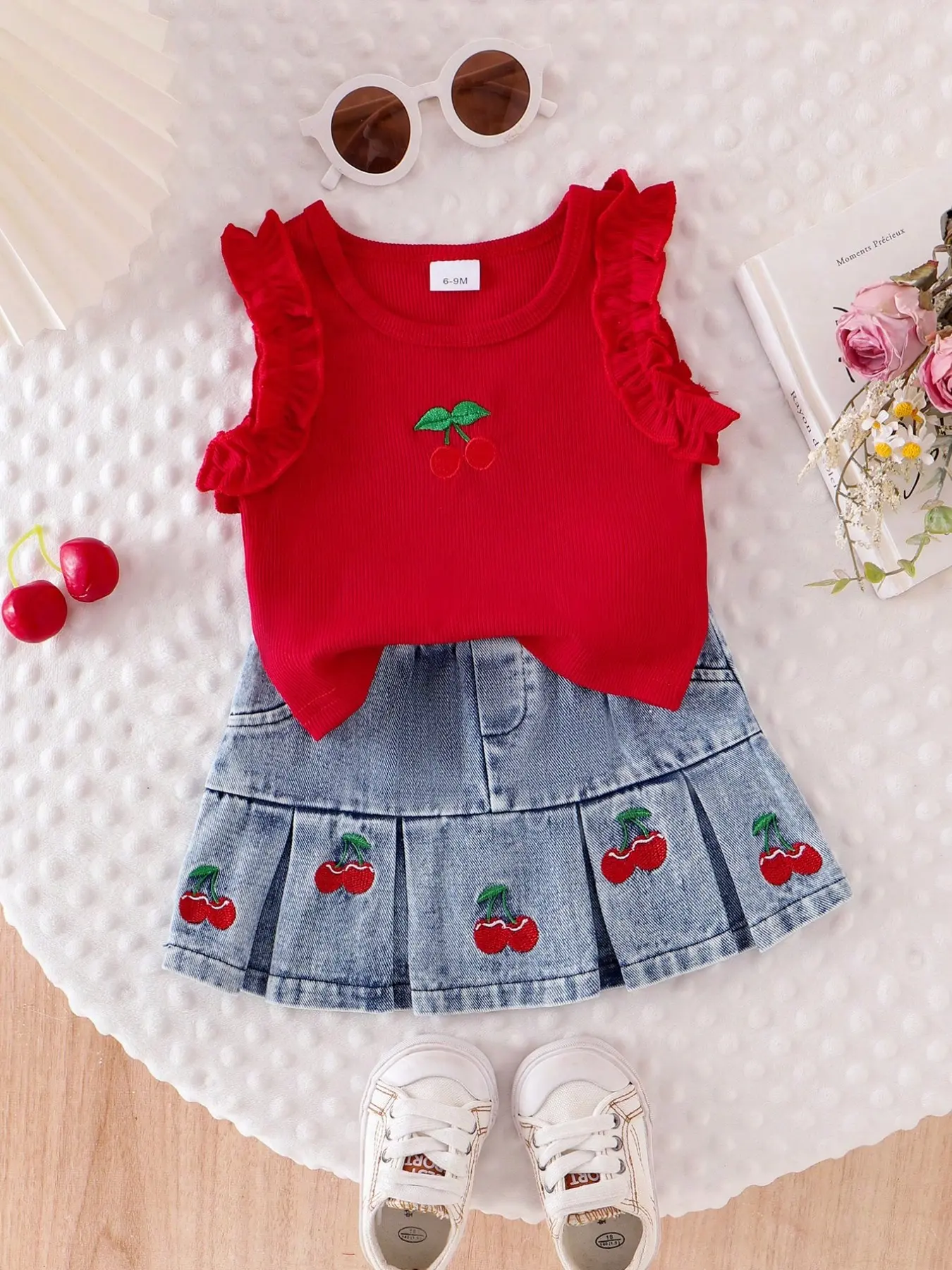 Baby Girl's 2-Piece Set Outfit, Cherry Embroidered Lace Sleeveless Vest Top and Denim Skirt, Cute Summer Fashion for Toddlers, Baby Clothing