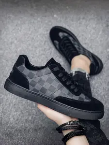 Men's Chessboard Casual PU Leather Sneakers, Vintage Patchwork Low-Top Lace-Up Sports Shoes, Trendy All-Season Flat Shoes, Walking Shoes
