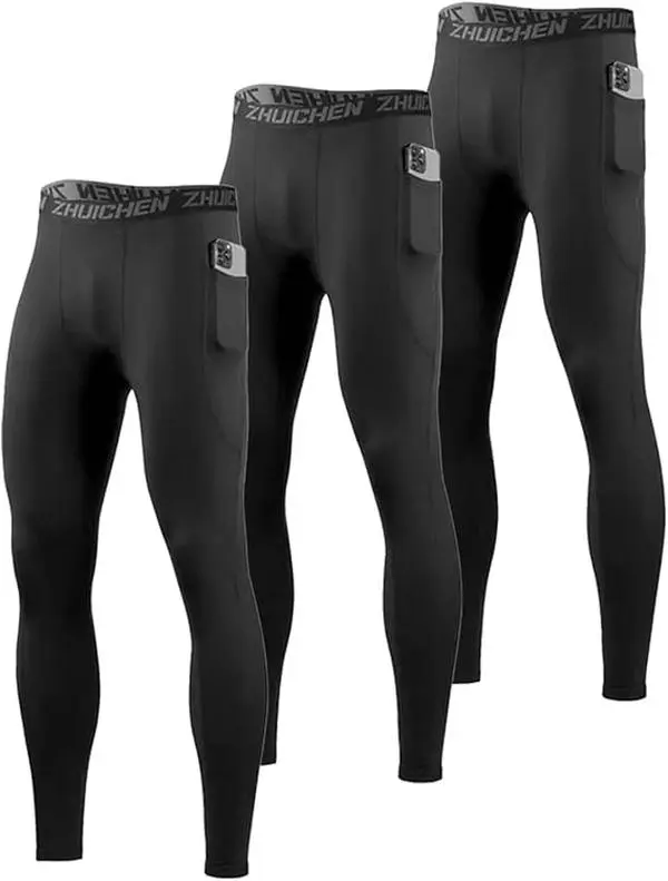 3-Pack Men's Compression Pants, High-Stretch Athletic Tights with Pockets, Quick-Dry Breathable Leggings for Gym & Workouts, Yoga