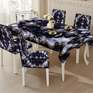 5/7-piece 2D Flat Printing Black and White Purple Three - Dimensional Pattern Printing Pattern Tablecloth and Chair Cover Set, Tablecloth Chair Covers, for dining table and chair decoration, perfect for home, holiday gatherings, restaurants, and parties.