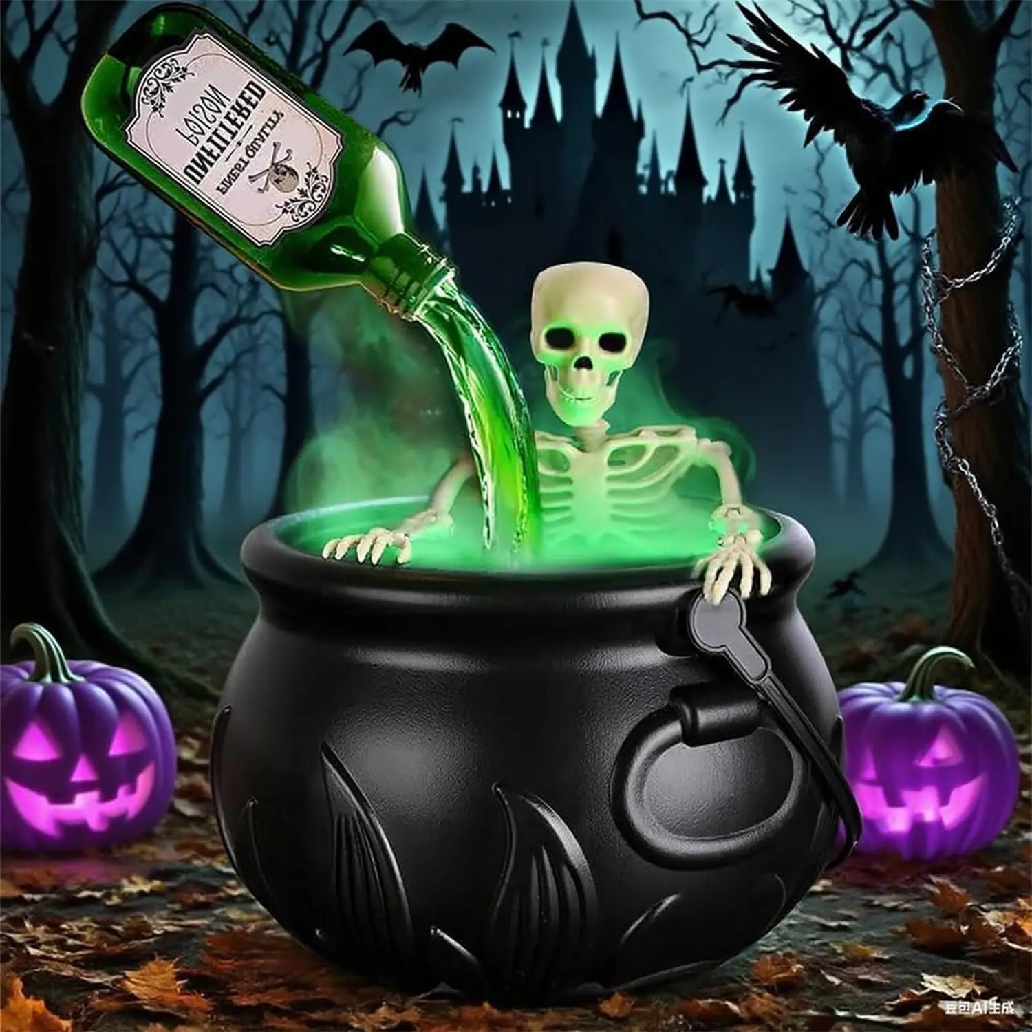 Black Plastic Floating Potion Cauldron - Halloween Decor with Magic Floating Potion Bottles, Diffuser, Hocus Pocus Party Supply, Vintage Home Decor, Default