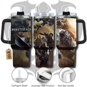 HardTimesMerch - Monster Hunter Wilds #1 40oz Handle Tumbler Stainless Steel Travel Mug, Game Inspired Vacuum Insulated Cup, Large Iced Coffee Tumbler, Manga Fighter Drinkware, Gamer Gift for Him Her