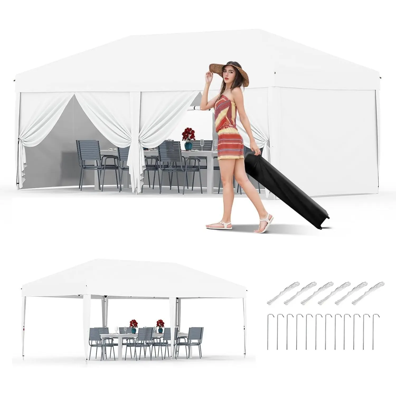 Sturdy 10x20 Pop Up Canopy Tent with Adjustable Steel Frame, Oxford Fabric, 6 Sidewalls - Commercial Gazebo for Street Vendors - Instant Outdoor Sun Shade with Single-Button Release Mechanism, Roller Bag, 8 Stakes, 6 Sandbags, Sun Protection, Uv Blocking,