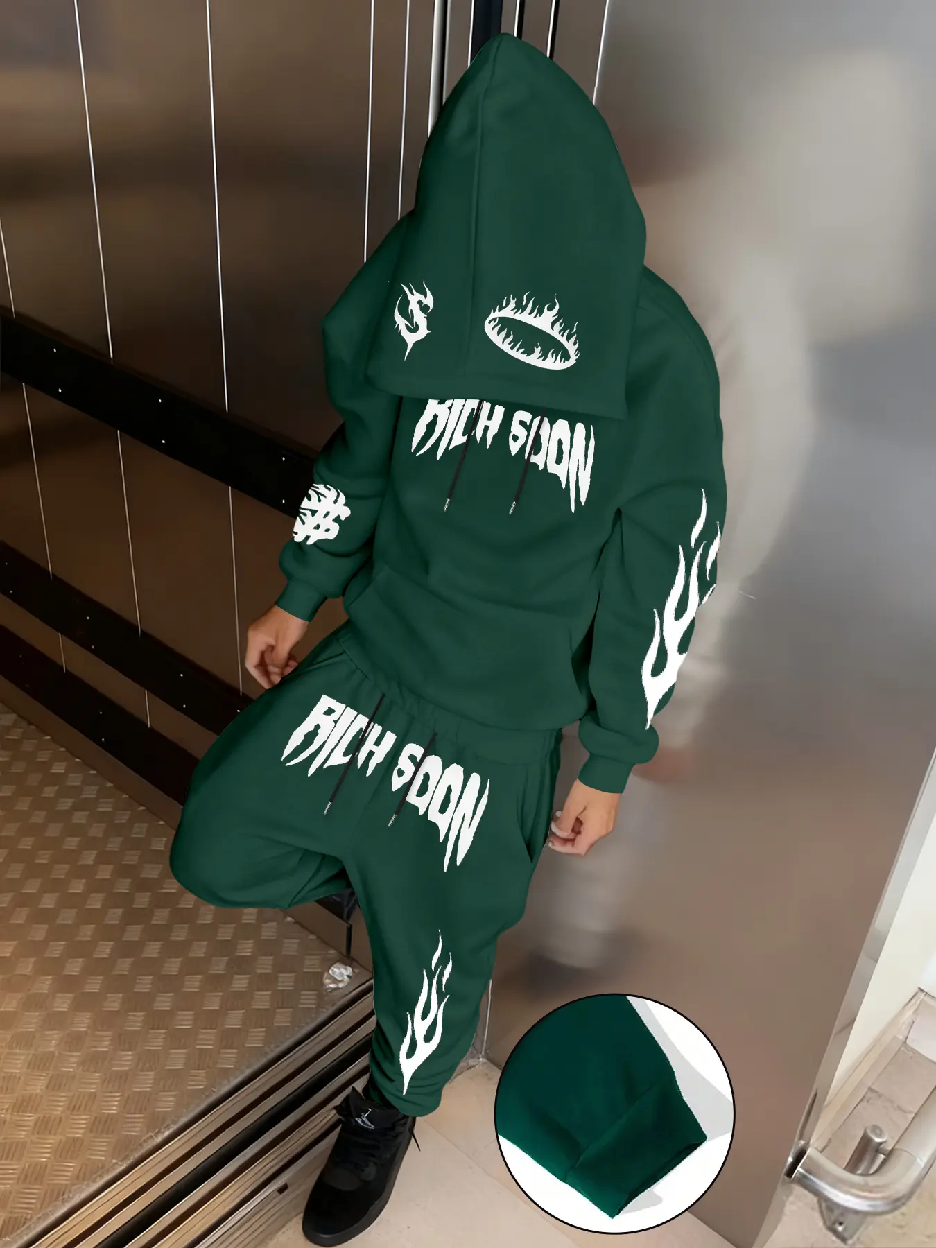 Men's Fall Winter Dark Flame Graphic Print Hoodie Sweatshirt Matching Set, Fitted Jogger Pants Two-Piece, Loose Fit Comfortable, Streetwear Casual Style Outfit