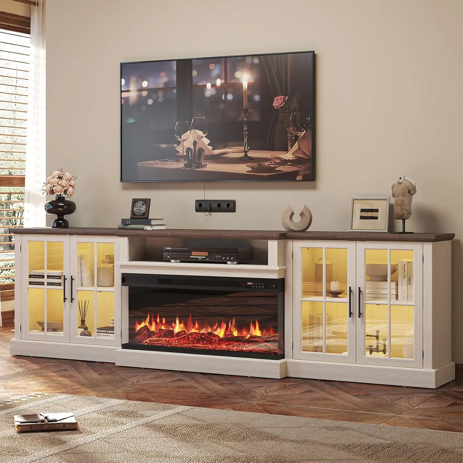 Farmhouse Wood TV Stand for Living Room - 98in, 36in Fireplace TV Console for Up to 100in Screens, Media Center with Adjustable Shelves, Large Storage (White & Black, Assembly Required, Ships in 3 Boxes)
