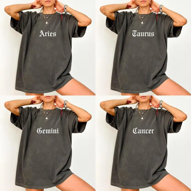 Comfort Colors Retro Zodiac T-Shirt - Pepper Color, Astrology Lover Graphic Printed Tee, Comfy Fabric Graphic Tee - HARSIN