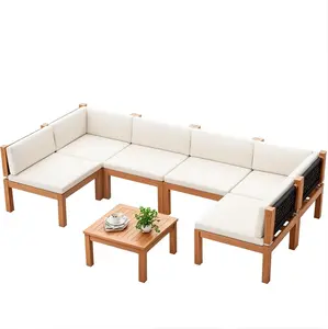 HOMALL Outdoor Sectional Couch 4/5/6/7 Pieces Patio Sectional Sofa with Acacia Wood Coffee Table, Outdoor L-Shaped Couch with All-Weather Cushion for Patio,Deck,Backyard