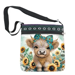 Sunflower & Calves Pattern DIY Diamond Arts Colorful Painting Shoulder Bag, DIY Diamond Arts Colorful Painting Bag, DIY Decorative Bag for Diamond Art Enthusiasts