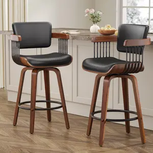 Aowos Barstool, 26 Inch Mid Century Modern Bentwood Barstools with Padded Back and Wood Legs, Swivel Counter Height Bar Stools, PU Leather Kitchen Island Chairs with Arms, Kitchen, Bar, Office Lounge, Black, Light Beige, Light Gray
