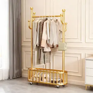 Rolling Clothes Rack with Storage Basket, Metal Clothes Tidy Rails with Wheels, Free Standing Bedroom Clothing Garment Rack for Closet, Laundry, Shop, Standing Garment Rack with Storage Shelf and 4 Hooks