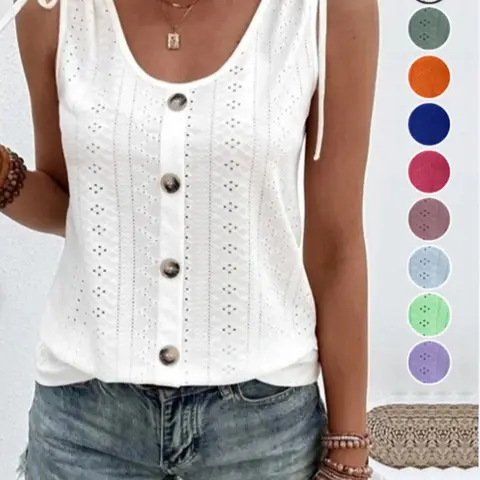 Women's Hollow Out Casual Chic Sleeveless Button Top, Breathable Summer, Minimalist Loose Fit, Perfect for Daily Wear, Sleeveless Everyday
