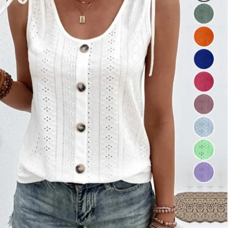 Women's Hollow Out Casual Chic Sleeveless Button Top, Breathable Summer, Minimalist Loose Fit, Perfect for Daily Wear, Sleeveless Everyday