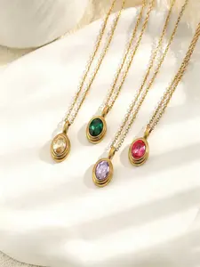 Stainless Steel Gold-Plated Multi-Color Gemstone Pendant Necklace - Dainty Minimalist for Women