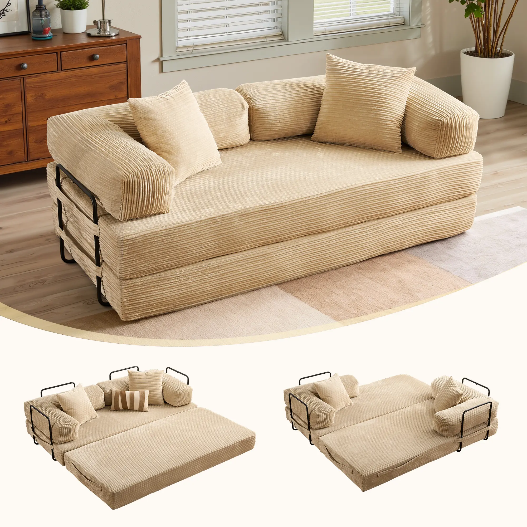 XIZZI 81" Boneless Couch with Fixed-Shape Frame Folding Convertible Sofa Bed Loveseat Sleeper Pull Out Bed Upholstered Sectional Lazy Sofa Modular Futon for Living Room Bedroom Lounge Studio