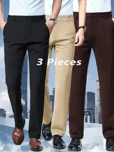 Three-Pack Men's Business Casual Pants, sleek straight-leg style. Wrinkle-resistant drapey fabric, easy-care and crease-free after long sits. three colors avaliable ,suitable for office commuting & daily casual wear
