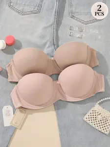 2PCS Women's Strapless Push-Up Bra , Medium Underwire Support Anti‑sagging, Seamless Padding T-shirt Bra Everyday Fit, Adjustable Straps, Invisible Comfort, Daily Wear Underwear