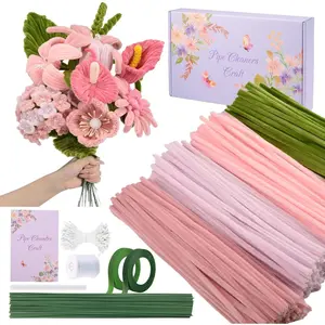 400 Pcs Pipe Cleaners Craft Set, 4 Assorted Pink 7MM Fluffy Chenille Stems DIY Flower Making Kit with Floral Stems, Gardening Tape, Stamen for DIY Gift Decorations(Pink)