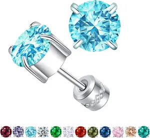 Titanium Flat  Surgical Stainless Steel Stud Earrings for Women Men,Birthstone Stud Earrings  Double Side 5A Cubic Zirconia Studs  6mm