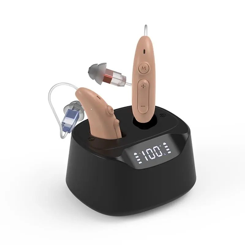 Blue Deer OTC Hearing Aids for Seniors, Rechargeable Digital RIC Hearing Aids with Noise Reduction, 4 Listening Modes, Charging Case, Comfortable Behind Ear Design