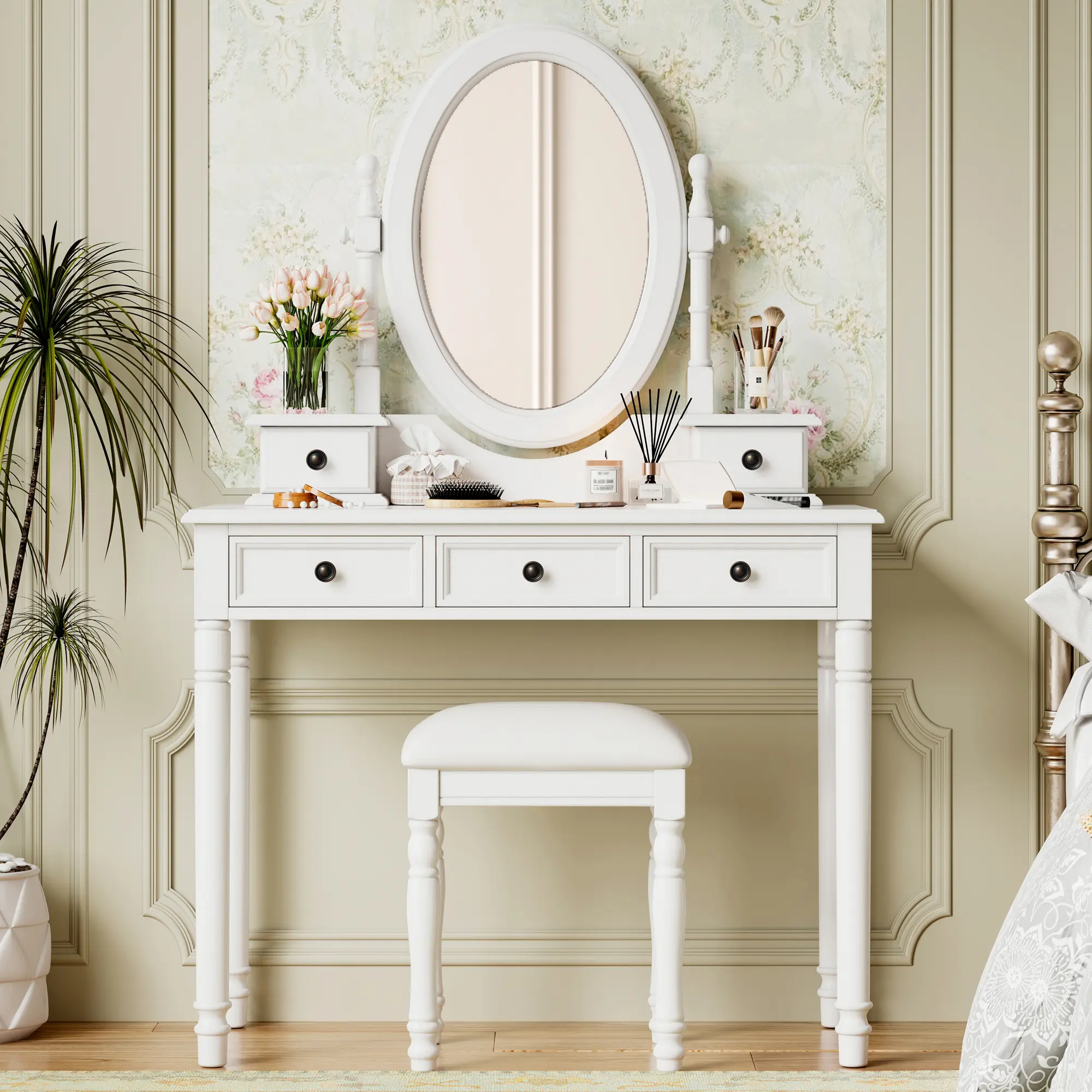 38" Makeup Vanity Desk Set with Adjustable Angle Mirror, Vintage Makeup Vanity with 5 Drawers, Wooden Makeup Table with Velvet Stool for Bedroom, Makeup Room, White