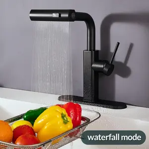 Black Kitchen Faucet Pull Down Sprayer 3 Mode Waterfall 360° Swivel Stainless Steel