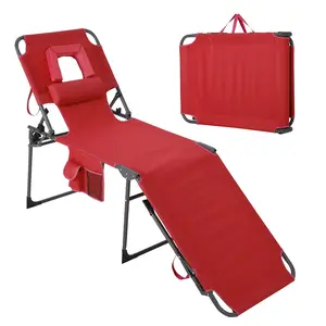 Tanning Chair with Face Hole, Folding Beach Lounge Chair, 5-Position Adjustable Backrest, Face Down Chaise Lounge with Pillow and Side Pocket, Portable for Poolside, Patio, Backyard, Beach, Red/Blue