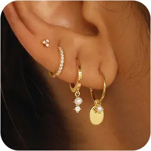 Stack Earrings For Women,Dainty 14K Gold Plated Pearl Hoop Huggie Earring Set Cute Chain Cartilage Earring Stack Trendy Hypoallergenic Long Drop Stud Earrings Jewelry