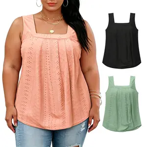 Plus-Size-Tank-Tops Summer Cute Sleeveless Loose Fit Pleated Shirts Cozy Lightweight Square Neck Tunics Chic Eyelet Flowy Womens Tees XL-5XL RPS2078 vacation summerwins Elegant Basic Breathable Womenswear