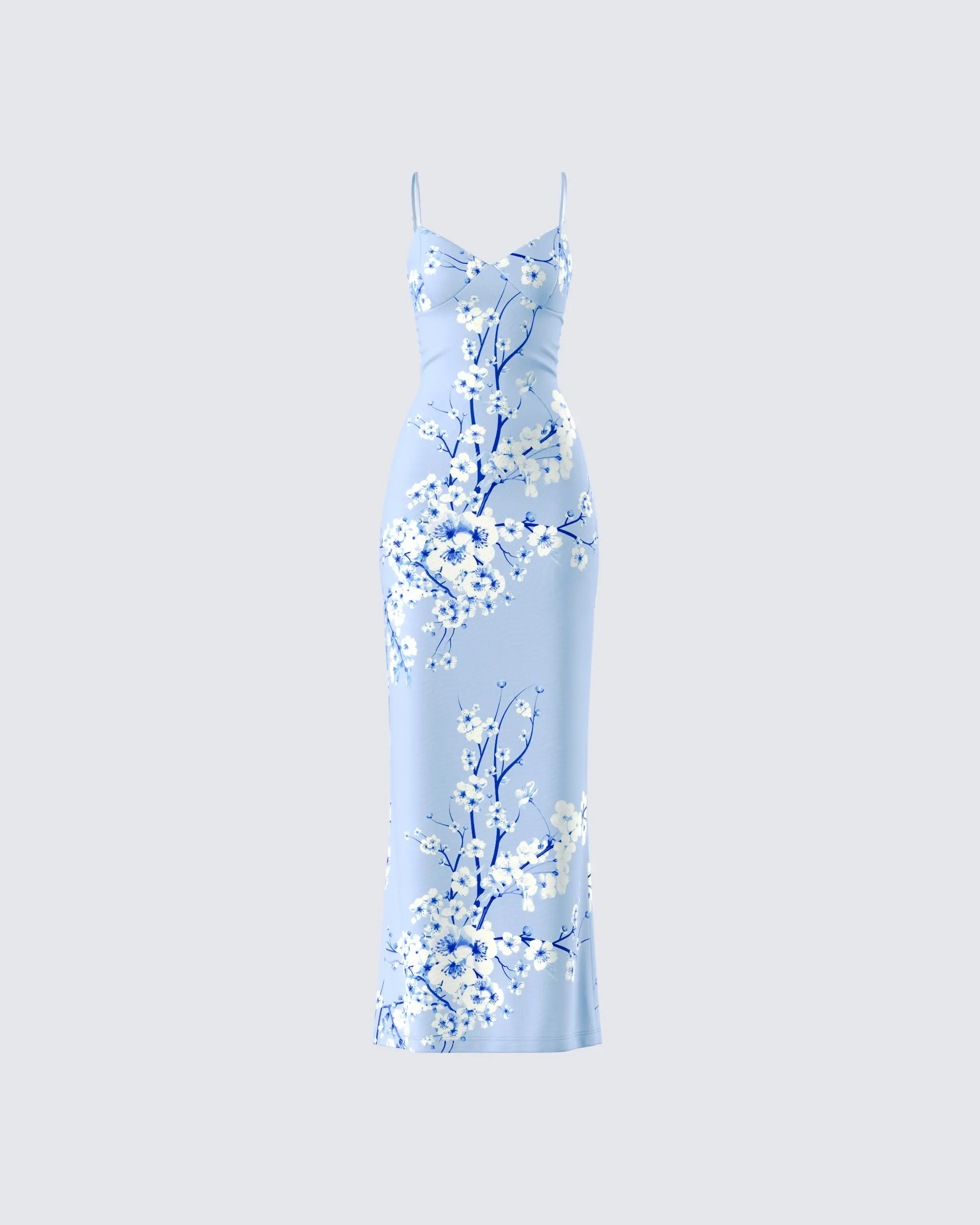 Women's Casual Polyester-Spaytex Bodycon Maxi Dress - Azura Blue Cherry Print, Sleeveless, Cowl Neck, Adjustable Spaghetti Straps, Baby-Fit, Beach Wedding Guest Option, Spandex, Beach Wedding Guest List