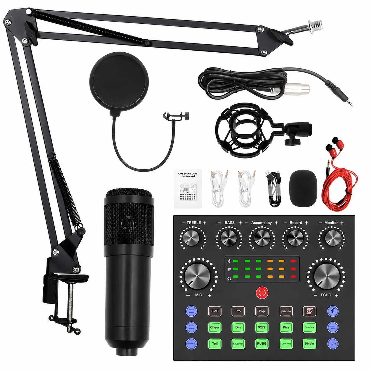 BM800 Black Metal Warm Condenser Microphone Complete Kit - USB Powered Wired Cardioid Noise Cut Mic with V8 Sound Card, Voice Changer Audio Interface, Windproof Cover, Reverb/Treble/Bass Adjustment for Podcast, Streaming, Karaoke Setups