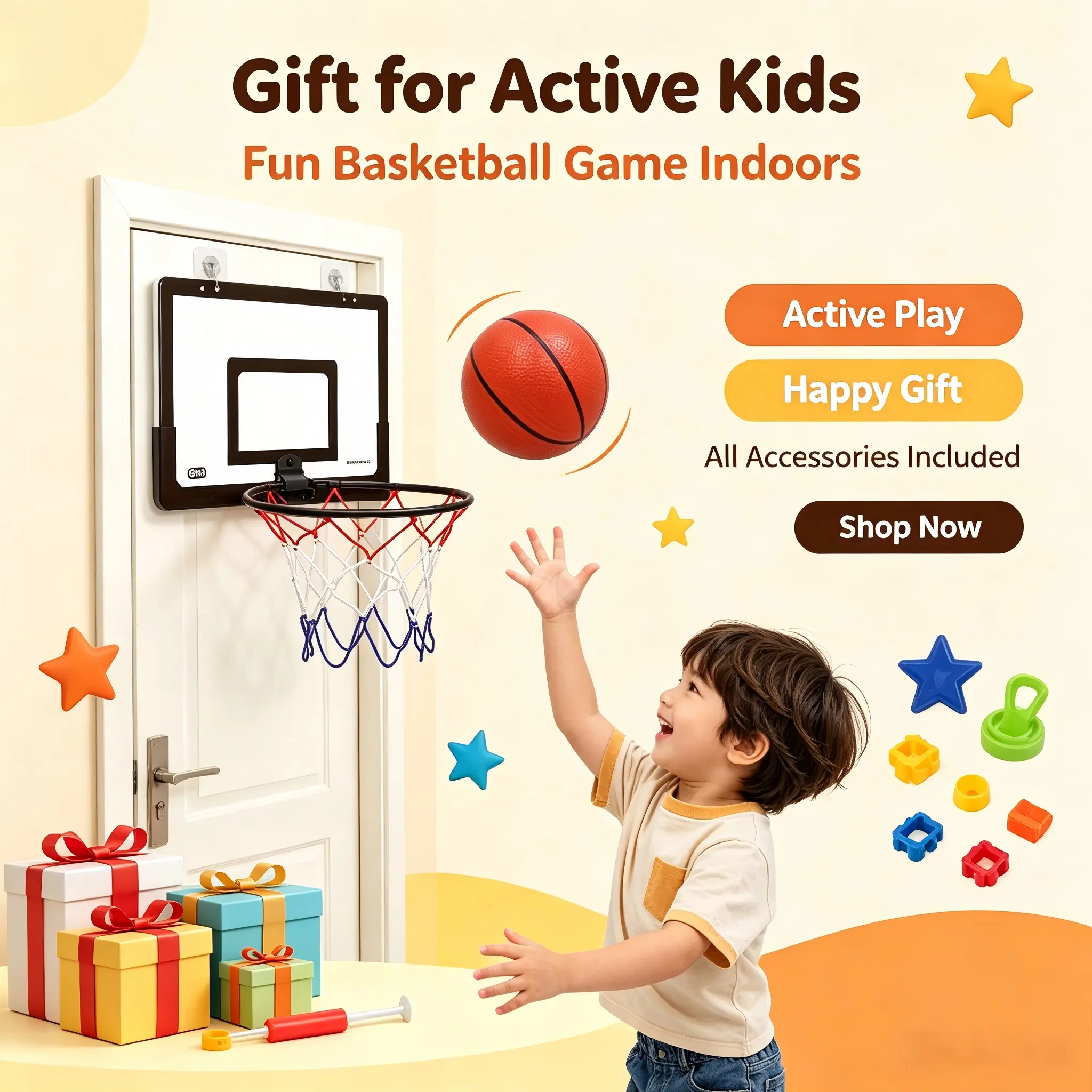 No Drill Foldable Wall Mount Indoor Basketball Hoop, Hanging Mini Basketball Goal with Black & White Backboard for Household Training, Complete Kit Includes 1 Mini Basketball & Inflator Pump